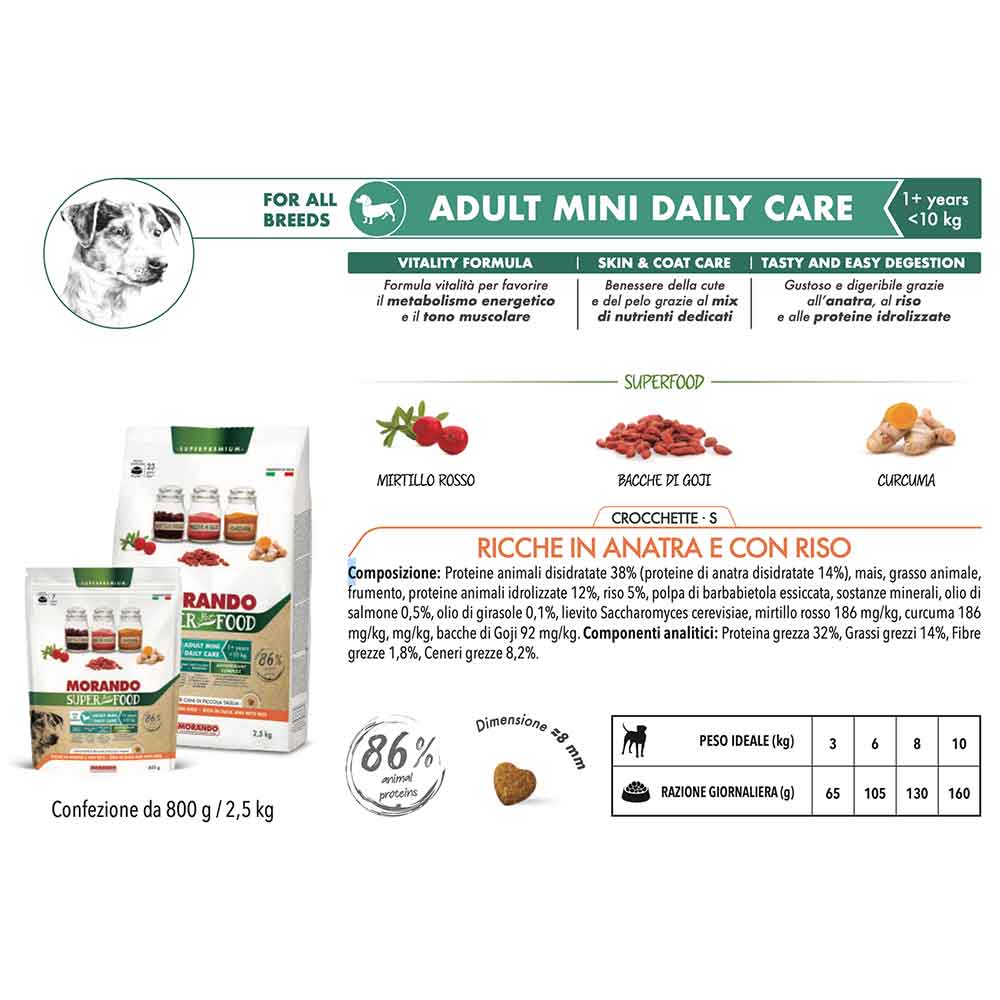Morando Super Pet Food Adult Mini Daily Care Crocchette Ricche in Anatra e con Riso 2,5 Kg